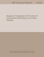 Kingdom of Swaziland : 2014 Article IV Consultation, Staff Report, and Press Release.